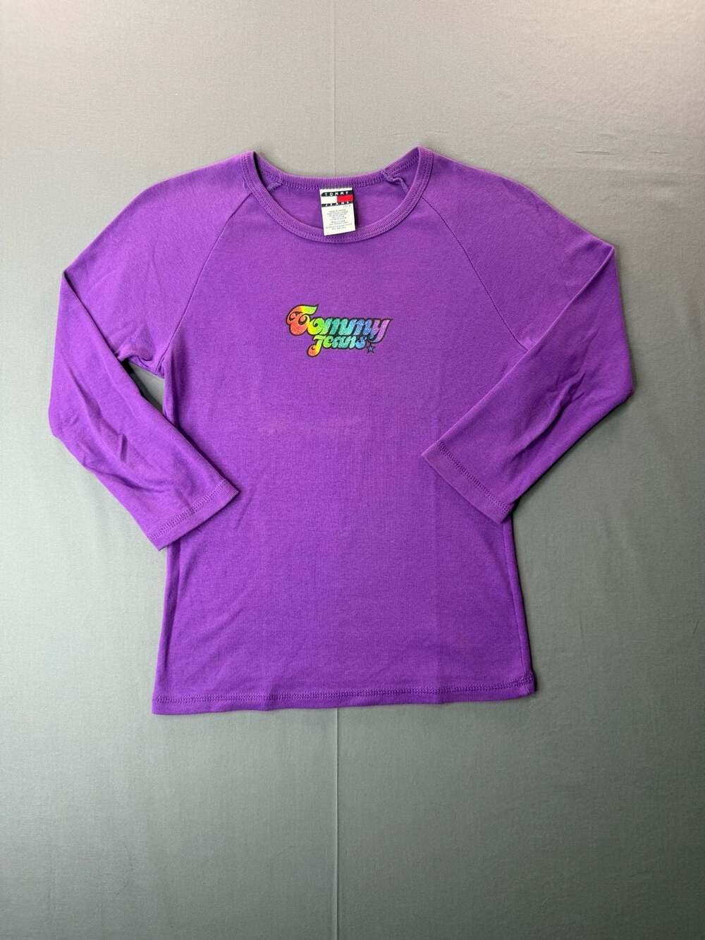 Vintage Women’s 90’s Y2K Tommy Jeans Purple Long Sleeve T-Shirt Rainbow Glitter